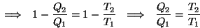 \begin{displaymath}\eta={{Q_1-Q_2}\over{Q_1}}={{T_1-T_2}\over{T_1}}~~\Longrighta...
...r{T_1}}~~\Longrightarrow~~
{{Q_2}\over{Q_1}}={{T_2}\over{T_1}}\end{displaymath}