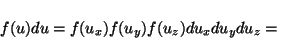 \begin{displaymath}f(u)du=f(u_x)f(u_y)f(u_z)du_xdu_ydu_z=\left(\sqrt{m\over{2\pi...
...{-{{mu_y^2}\over{2kT}}}e^{-{{mu_z^2}\over{2kT}}}
du_xdu_ydu_z.\end{displaymath}