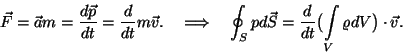 \begin{displaymath}\vec F=\vec am={d\vec p\over{dt}}={d\over{dt}}m\vec
v.\quad\...
...{d\over{dt}}\bigl(\int\limits _V\varrho
dV\bigr)\cdot \vec v.\end{displaymath}