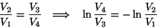 \begin{displaymath}{{V_2}\over{V_1}}={{V_3}\over{V_4}}~~\Longrightarrow~~
\ln{{V_4}\over{V_3}}=-\ln{{V_2}\over{V_1}}\end{displaymath}