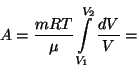 \begin{displaymath}A={{mRT}\over\mu}\int\limits_{V_1}^{V_2}{{dV}\over V}=\end{displaymath}
