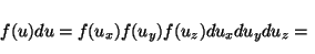 \begin{displaymath}f(u)du=f(u_x)f(u_y)f(u_z)du_xdu_ydu_z=\left(\sqrt{m\over{2\pi...
...{-{{mu_y^2}\over{2kT}}}e^{-{{mu_z^2}\over{2kT}}}
du_xdu_ydu_z.\end{displaymath}