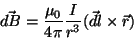 \begin{displaymath}\vec{dB}={{\mu_0}\over
4\pi}{I\over{r^3}}(\vec{dl}\times\vec r)\end{displaymath}