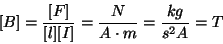 \begin{displaymath}[B]={{[F]}\over{[l][I]}}={N\over{A\cdot m}}={{kg}\over{s^2A}}=T\end{displaymath}