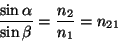 \begin{displaymath}{{\sin
\alpha}\over{\sin\beta}}={{n_2}\over{n_1}}=n_{21}\end{displaymath}