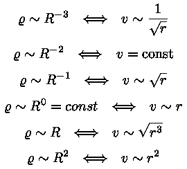 roo ~ R^(-3) <==> v ~ 1 / ruutjuur(r);
roo ~ R^(-2) <==> v = const;
roo ~ R^(-1) <==> v ~ ruutjuur(r);
roo ~ R^0 = const <==> v ~ r;
roo ~ R <==> v ~ ruutjuur(r^3);
roo ~ R^2 <==> v ~ r^2